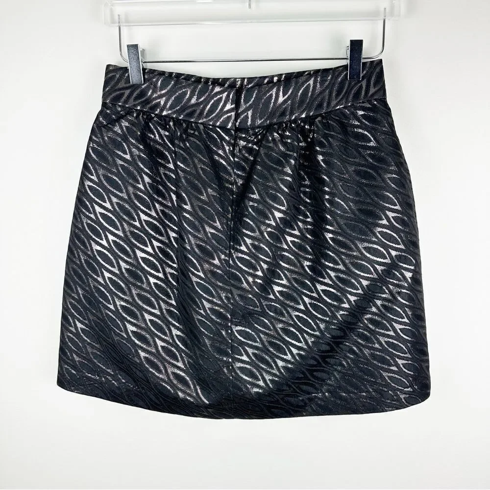 Tibi Black‎ Metallic Jacquard Full Mini Skirt Sz 8 Back Zip Evening Party